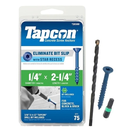 Tapcon Concrete Screw, 1/4 Dia., Flat, 2 1/4 In L, Steel Climaseal Coated